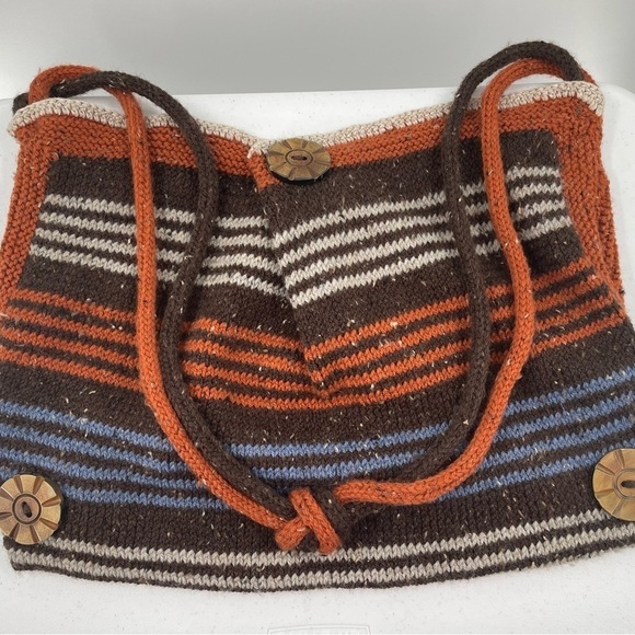 Handmade Nubby Knit Brown Rust Blue White Wood Hobo Bag Satchel Boho Crossbody - Picture 2 of 10